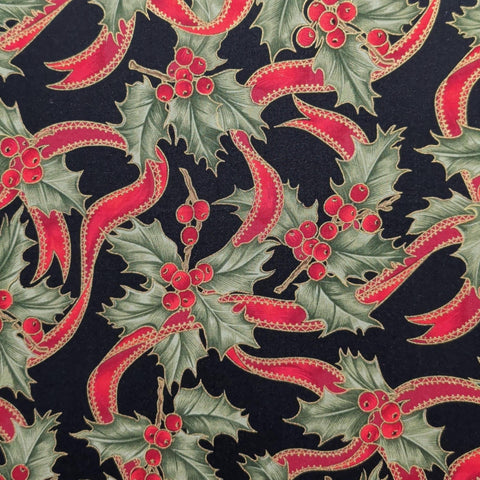 F784 Happy Christmas Fabric Freedom London England - Black Fabric / Giant Holly Leaf, Berry, Ribbon Print / Gold Metallic Accents