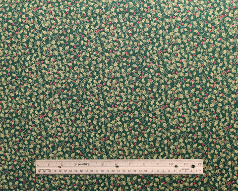 Season's Greetings 822 Fabri-Quilt - Dark Green Fabric / Light Green Holly Vine Print / Gold Metallic Accents