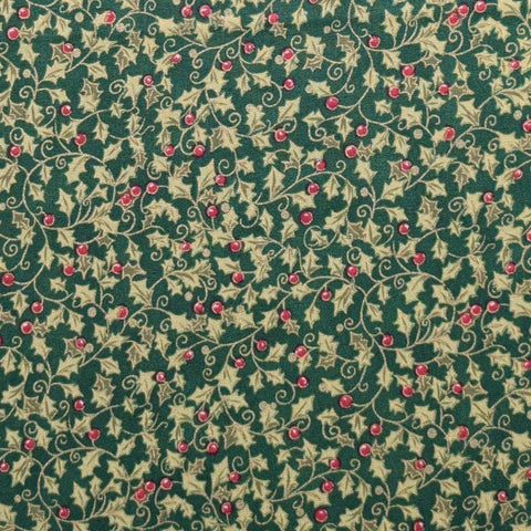 Season's Greetings 822 Fabri-Quilt - Dark Green Fabric / Light Green Holly Vine Print / Gold Metallic Accents