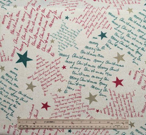 MBT - Cream Fabric / Red, Green Merry Christmas Script Tree Shapes / Red, Green, Gold Tossed Star / Gold Metallic Accents