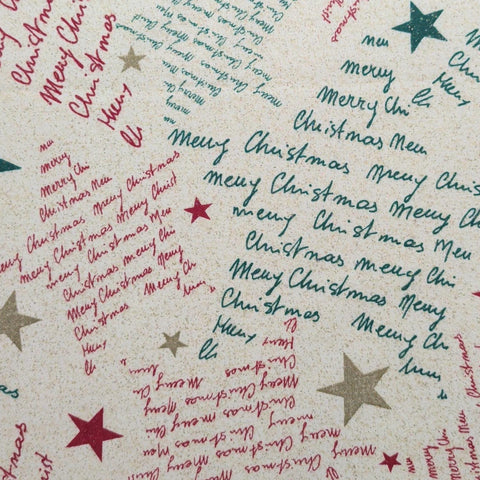 MBT - Cream Fabric / Red, Green Merry Christmas Script Tree Shapes / Red, Green, Gold Tossed Star / Gold Metallic Accents