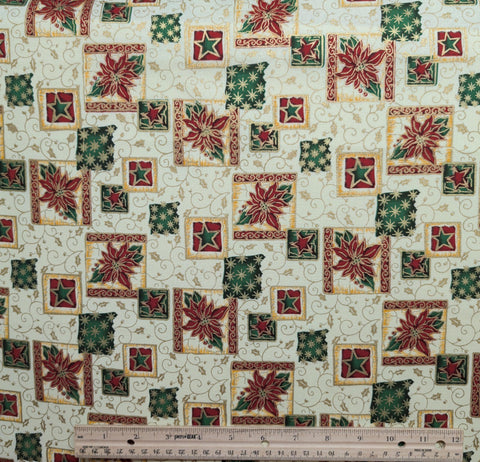 David Textiles - Cream Fabric / Red, Green, Gold Foil Star, Poinsettia, Holly, Scroll Print