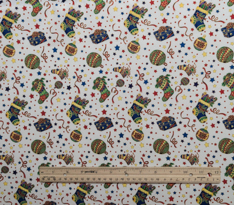 Season's Greetings 733 Fabri-Quilt - White Fabric / Red, Green, Blue, Yellow Tossed Ornament, Stocking, Star, Ribbon / Gold Metallic Accents