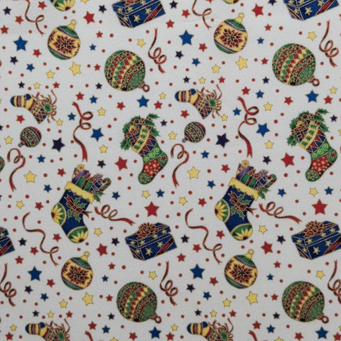 Season's Greetings 733 Fabri-Quilt - White Fabric / Red, Green, Blue, Yellow Tossed Ornament, Stocking, Star, Ribbon / Gold Metallic Accents