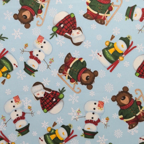 Forest Christmas D#72229 - Sky Blue Fabric / Tossed Snowflake, Cartoon-Style Snowman, Bears