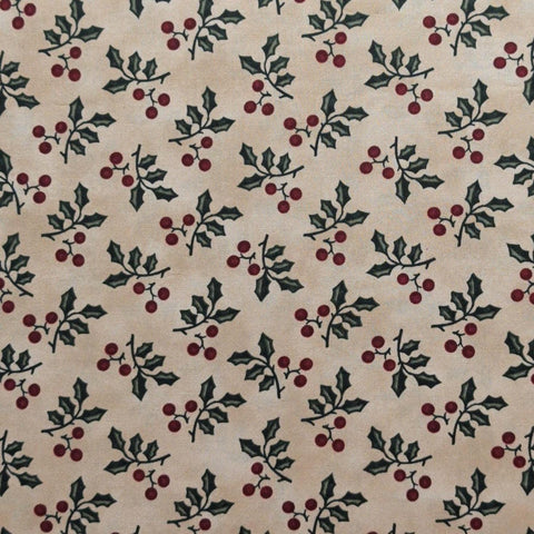 18105 Merry Christmas by Bonnie Sullivan Maywood Studio - Tan Tonal Fabric / Dark Green, Red Tossed Holly Sprig Print