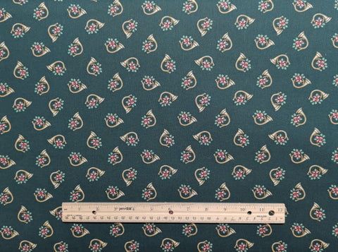 Dark Green Fabric / Tossed White, Gold French Horn Print - Selvage to Selvage Print