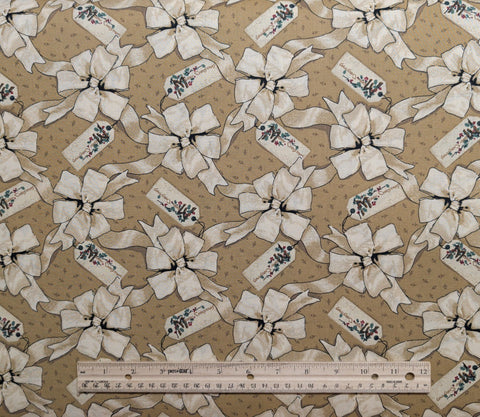 Christmas Greetings by Thimbleberries RJR Fashion Fabrics - Golden Tan Fabric / Tan, Cream Ribbon and Merry Christmas Gift Tag Print