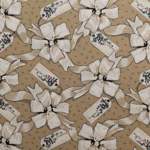 Christmas Greetings by Thimbleberries RJR Fashion Fabrics - Golden Tan Fabric / Tan, Cream Ribbon and Merry Christmas Gift Tag Print