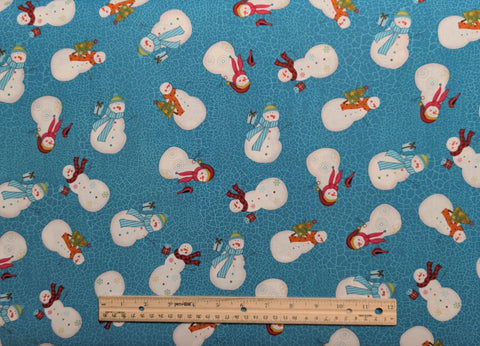 Keepsake Calico Joann - Bright Blue Crackle Fabric / Tossed Snowman Print