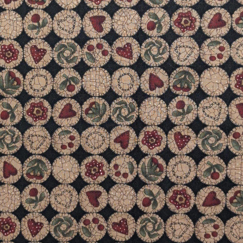 Heritage Square 5851 Kathy Schmitz for Moda - Black Fabric / Tan, Red, Green Crackle Badges Print