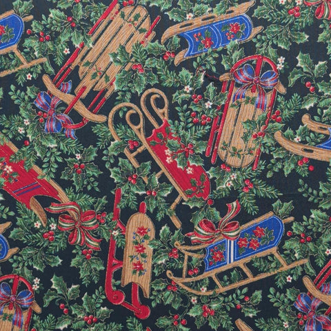 VIP Cranston Print Works - Dark Green Fabric / Red, Blue, Tan Packed Wooden Sled, Holly, Fir Sprig Print