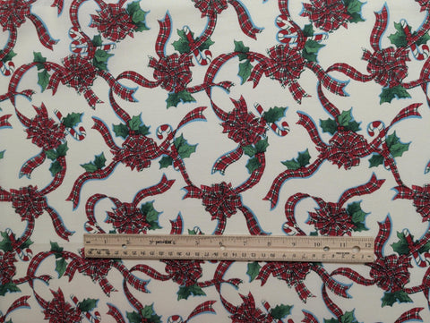 Fabric Traditions 2197 Susan Winget 1994 - Soft White Fabric / Red, Green Plaid Ribbon, Holly Print