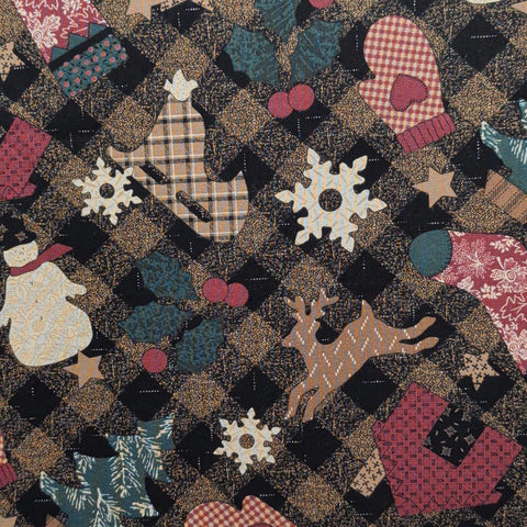 North Bay Christmas Thimbleberries RJR Fashion Fabrics - Black, Tan Bias Plaid Fabric / Tossed Mitten, Tree, Snowflake, Stocking Print
