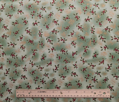 Light Green Tonal Fabric / Red, Green Tossed Holly Sprig / Gold Metallic Accents