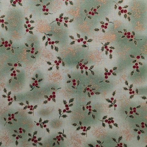 Light Green Tonal Fabric / Red, Green Tossed Holly Sprig / Gold Metallic Accents