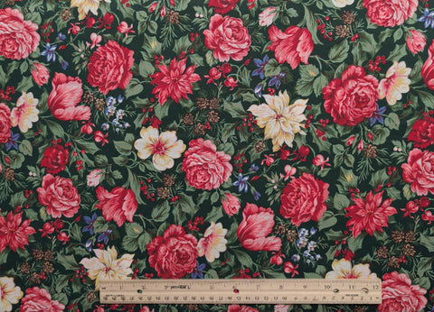 VIP Cranston Print Works - Dark Green Fabric / Packed Red, Blue, White Winter Floral Print