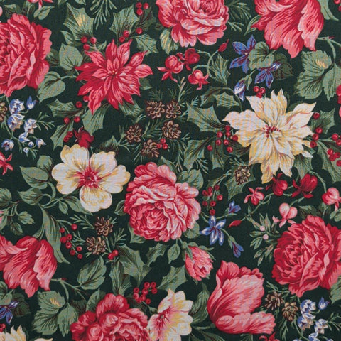 VIP Cranston Print Works - Dark Green Fabric / Packed Red, Blue, White Winter Floral Print