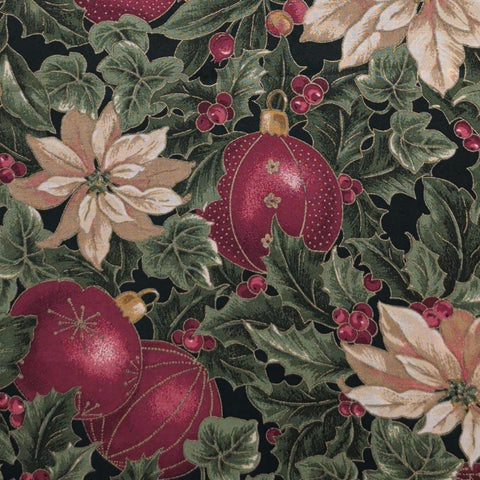 VIP Cranston Print Works - Dark Green Fabric / Giant Cream, Dark Rose, Green Poinsettia, Holly, Ornament Print