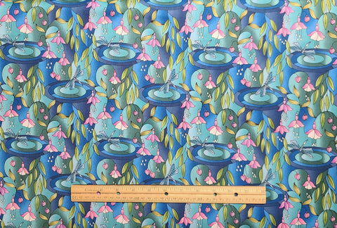 Lewis & Irene - A511-1 Reflections - Blue, Green, Pink Pond Flower and Dragonfly Print Fabric