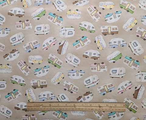 Roam Sweet Home by Kris Lammers for Maywood Studio - Tan Fabric / Tossed Camp Trailer Print