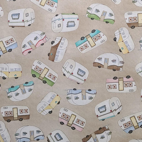 Roam Sweet Home by Kris Lammers for Maywood Studio - Tan Fabric / Tossed Camp Trailer Print