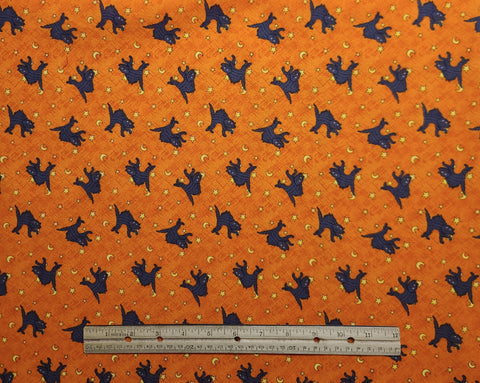 Debbie Mumm for JoAnn Fabrics - Orange Crosshatch Fabric / Tossed Charcoal Gray Cat, Gold Star and Moon Print