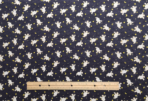 Debbie Mumm for JoAnn Fabrics - Black, Charcoal Gray Crosshatch Fabric / Tossed Ghost, Star, Moon Print / Gold Glitter Accents