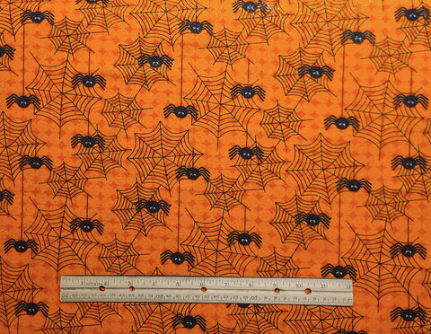 JoAnn Fabrics - Orange Fabric / Orange Diamond Background / Black Spider & Web / Orange Glitter