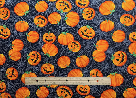 JoAnn Fabrics - Black Fabric / Gray Spiderweb / Tossed Jack-O-Lantern and Pumpkin Print