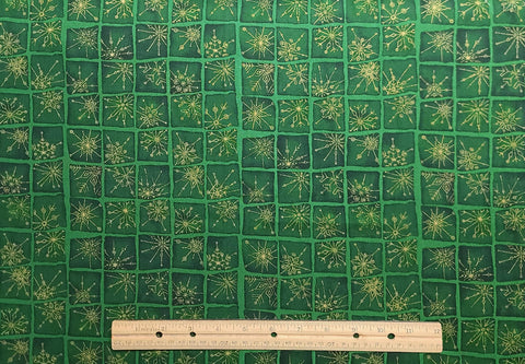 Season's Greetings by Fabric-Quilt Inc 639 - Green Fabric / Dark Green Tonal Blocks / Gold Metallic Snowflake / Green Windowpane Sashing