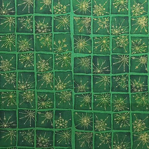 Season's Greetings by Fabric-Quilt Inc 639 - Green Fabric / Dark Green Tonal Blocks / Gold Metallic Snowflake / Green Windowpane Sashing