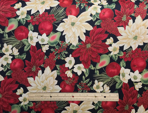 Home for the Holidays 6934 by Hoffman International Fabrics - Black Fabric / Red, Cream, Green Poinsettia, Holly, Fruit / Gold Metallic