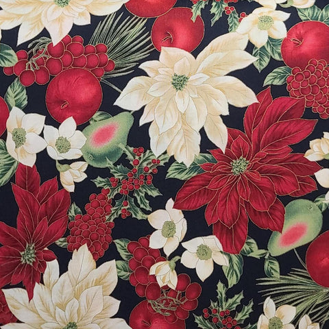 Home for the Holidays 6934 by Hoffman International Fabrics - Black Fabric / Red, Cream, Green Poinsettia, Holly, Fruit / Gold Metallic