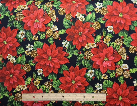 Home for the Holidays 21081 by Deborah Edwards for Northcott Fabrics - Black Fabric / Red, White, Tan, Green Poinsettia, Holly, Pinecone