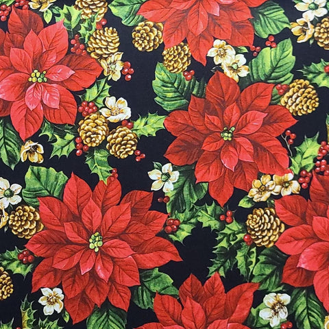 Home for the Holidays 21081 by Deborah Edwards for Northcott Fabrics - Black Fabric / Red, White, Tan, Green Poinsettia, Holly, Pinecone