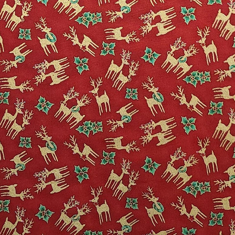 Season's Greetings by Fabric-Quilt Inc 720 - Dark Red Fabric / Gold Metallic Reindeer, Green Holly Leaf Print