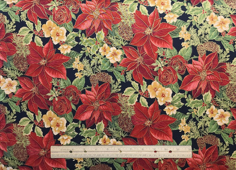 Woodland Splendor 9196 HMK LLC - Black Fabric / Red, Green, Cream, Tan Poinsettia, Pinecone, Rose Print / Gold Metallic Accents