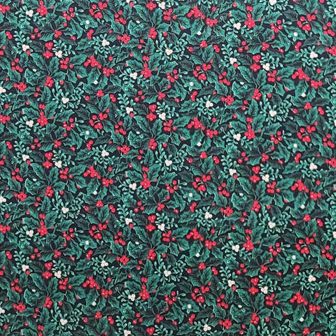 Black Fabric / Green, Red, White Packed Holly Print
