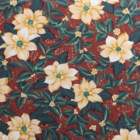 Christmas Eve by Moda - Brick Red Fabric / White, Green Holly and Poinsettia Print