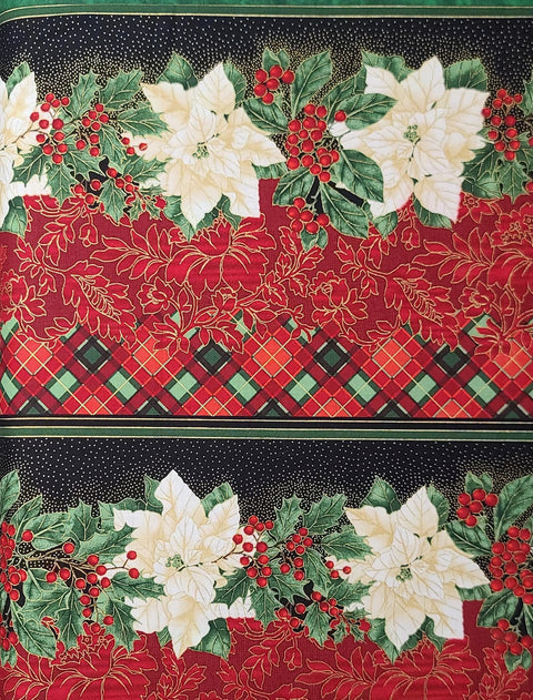 Timeless Treasures Fabrics of SoHo HOLIDAY-CM4274 - Black, Red, Green, White Poinsettia, Holly Fabric / Gold Metallic Accents