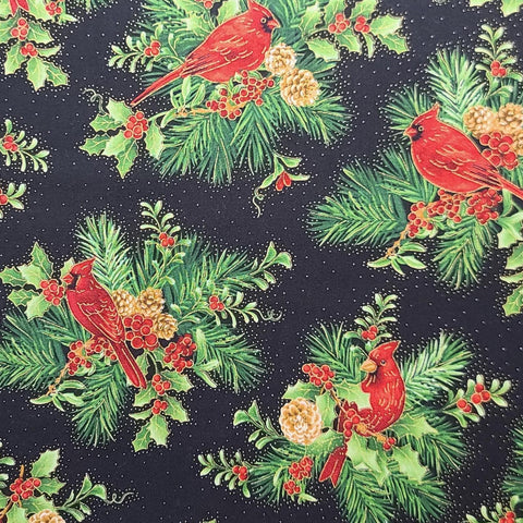 Hi-Fashion Fabrics 6681 - Black Fabric / Red, Green, Gold Metallic Cardinal, Holly, Fir Bough Print