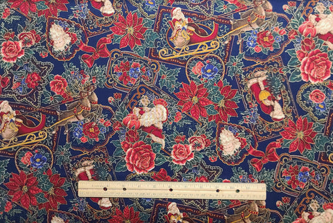 VIP Cranston Print Works by Joan Messmore - Dark Blue Fabric / Vintage Poinsettia, Rose Print / Gold Metallic Accents