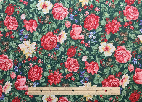VIP Cranston Print Works - Dark Green Fabric / Red, Pink, White, Periwinkle, Light Green Rose, Poinsettia, Tulip, Pinecone Print
