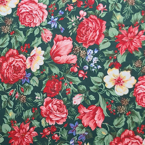 VIP Cranston Print Works - Dark Green Fabric / Red, Pink, White, Periwinkle, Light Green Rose, Poinsettia, Tulip, Pinecone Print