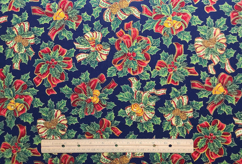 VIP Cranston Print Works 73085 - Dark Blue Fabric / Red, Gold, Cream, White Ribbon, Holly Bouquets / Pinecones, Bells