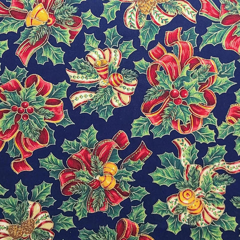 VIP Cranston Print Works 73085 - Dark Blue Fabric / Red, Gold, Cream, White Ribbon, Holly Bouquets / Pinecones, Bells