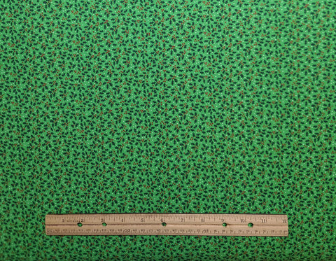 Bright Green Fabric / Dark Green, Red, White Holly Leaf and Berry Print - Selvage to Selvage Print