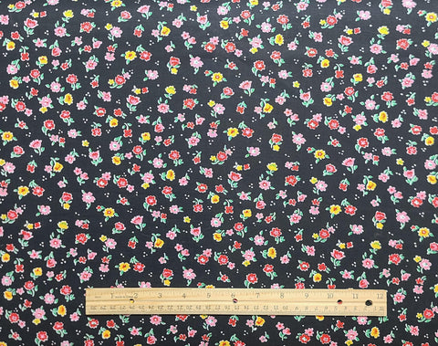 Peter Pan Fabrics 58" WIDE - Black Fabric / Red, Pink, Yellow Tossed Flower Print