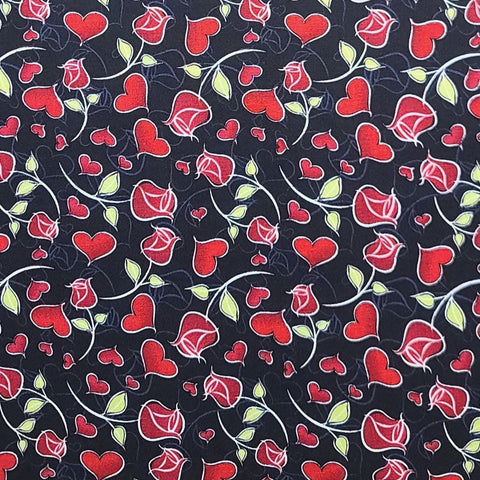 JoAnn Fabrics - Black Fabric / Gray Rose Silhouette / Red and White Rose and Heart Print